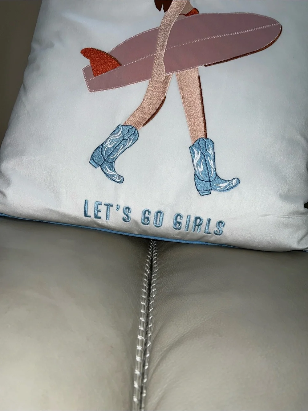 Let's Go Girls White Decorative Throw Pillow with Pink Surfboard